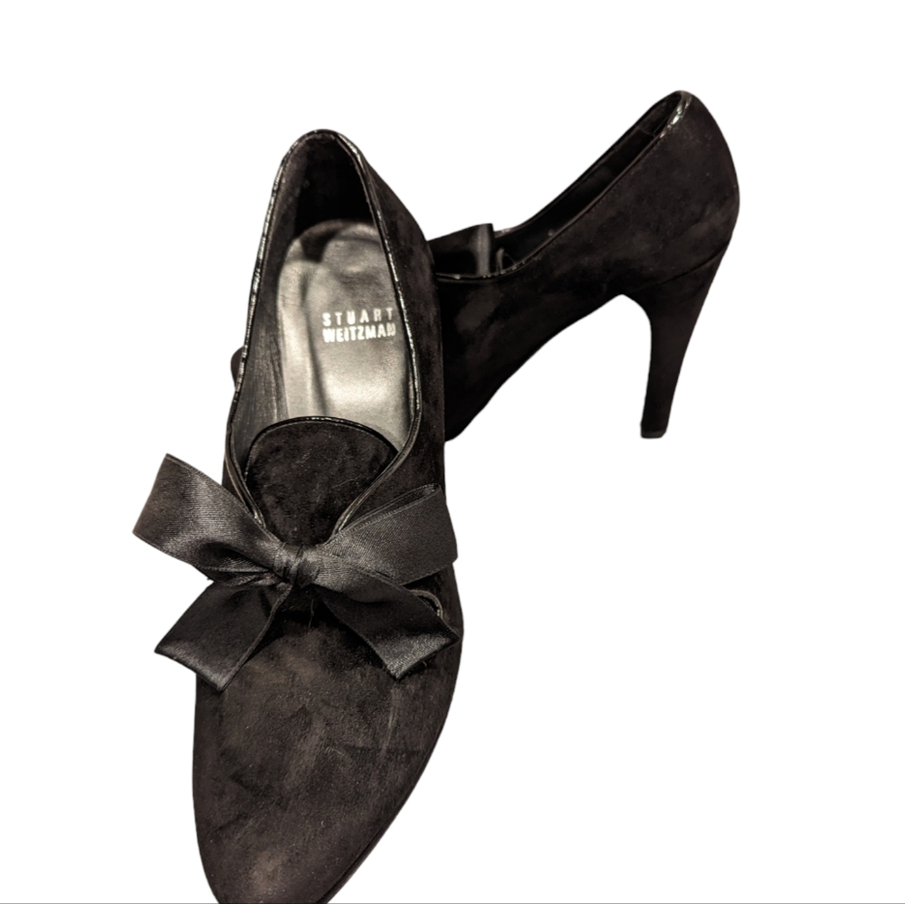 Vintage Stuart Weitzman Black Suede Pumps with Satin Bow Tie - Size 7.5 M